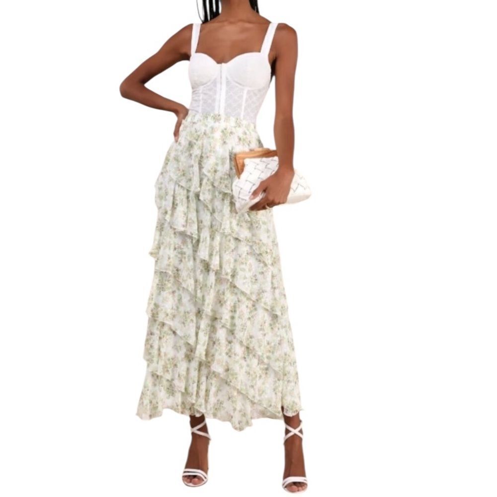 NWT LULU'S Feeling Flouncy Ivory Floral Print Tiered Ruffle Midi Skirt Large